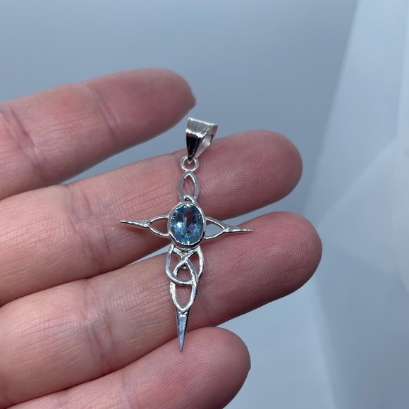 Sterling Silver Celtic Cross Blue Topaz Necklace - Picture 6 of 6